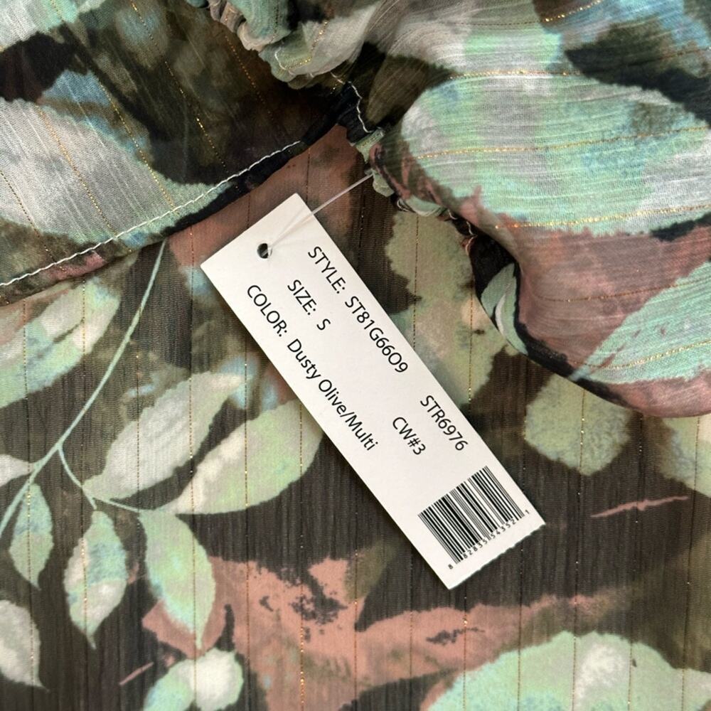 Zac & Rachel Sheer Floral Ruffle Blouse Dusty Olive Multi  Size Small NWT - Picture 9 of 11